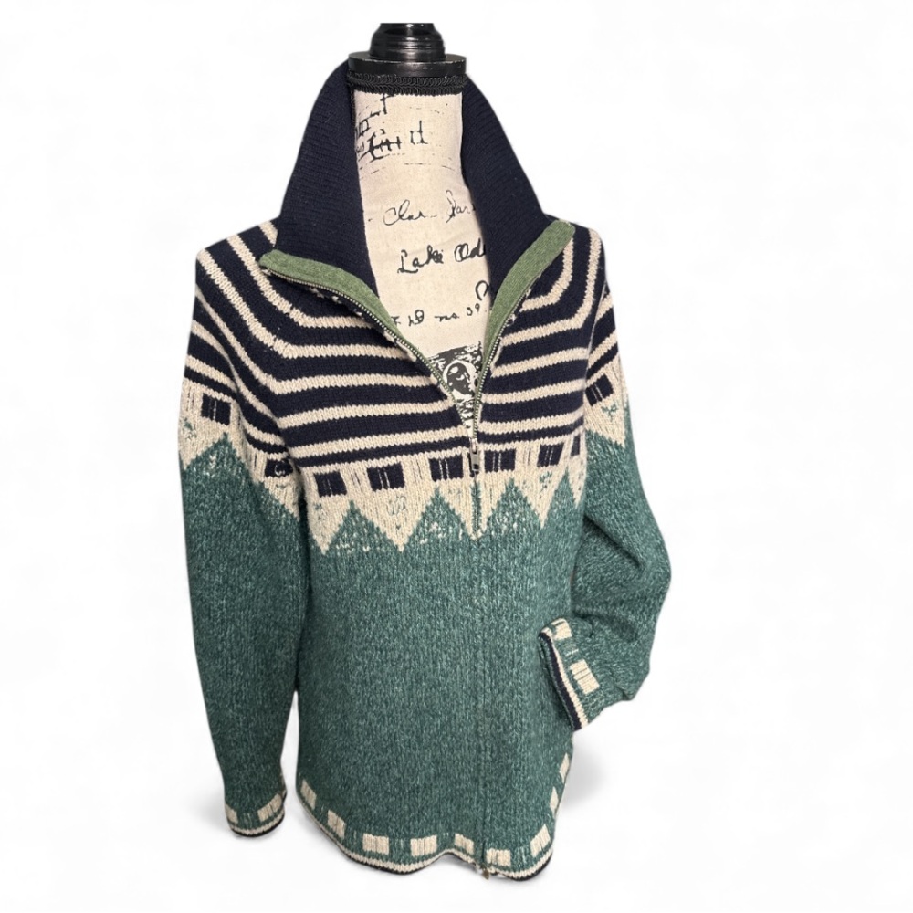 Scott James Lambswool Fair Isle Nordic Zip Cardigan Sweater Turtleneck Womens M